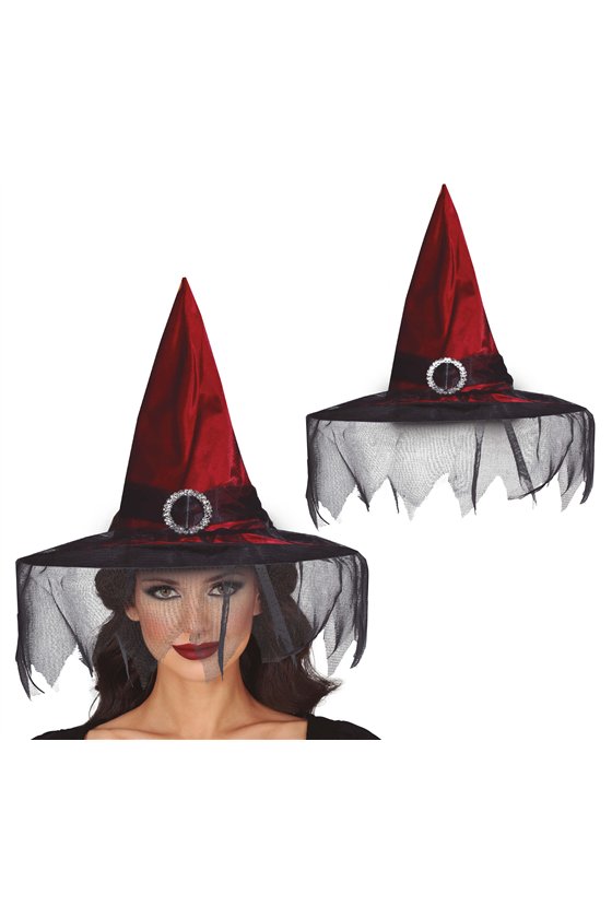 MAROON WITCH HAT WITH VEIL