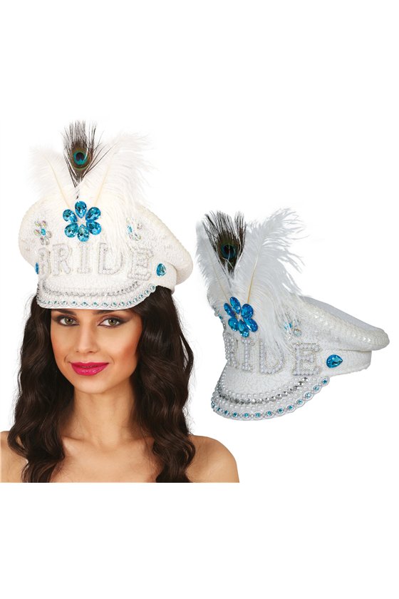 BRIDE CAPTAIN HAT WITH JEWELS FEATHER, ADULTS