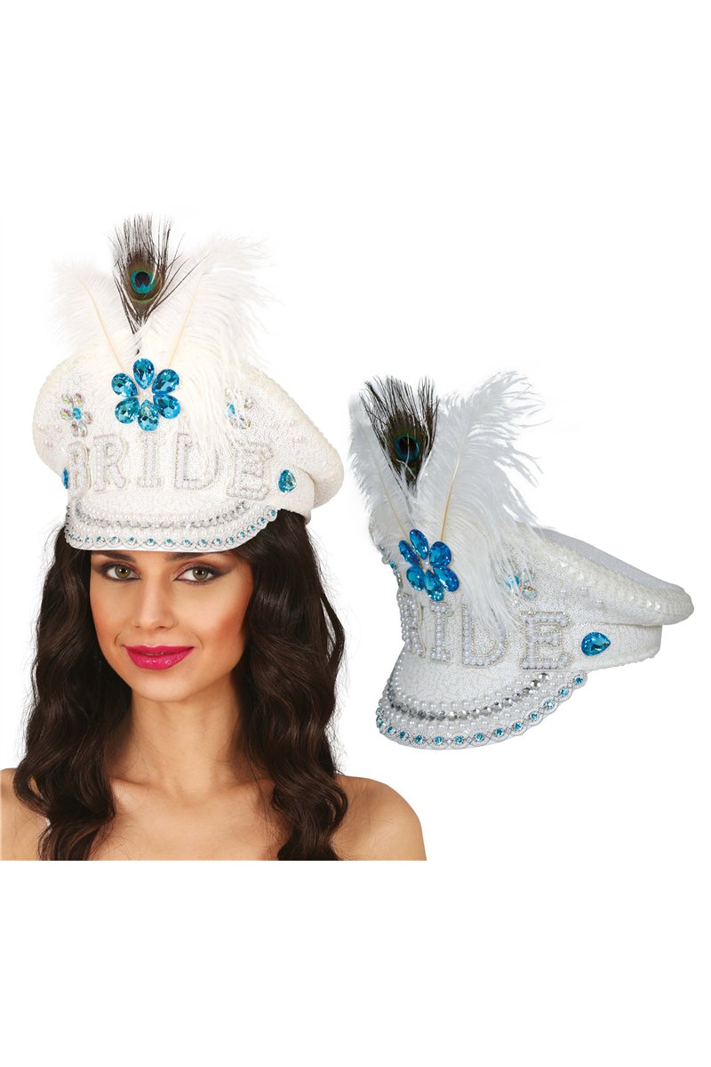 BRIDE CAPTAIN HAT WITH JEWELS FEATHER, ADULTS