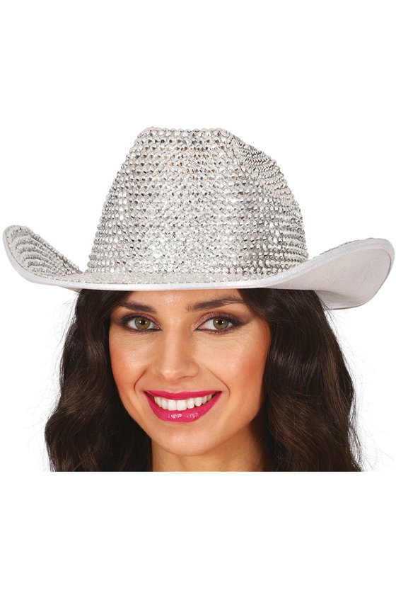 SILVER GLITTER COWBOY HAT WITH JEWELS, ADULTS
