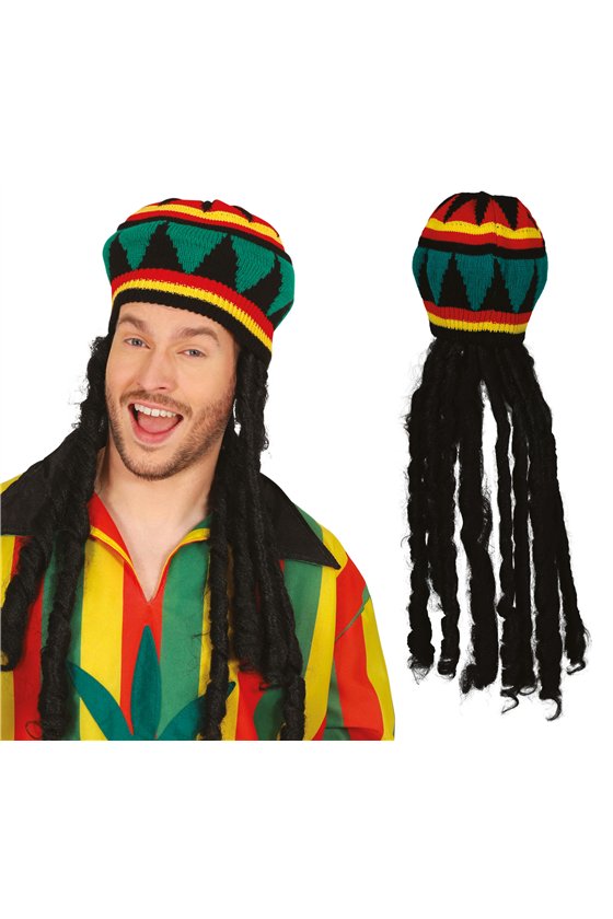 RASTA CAP WITH HAIR, ADULT