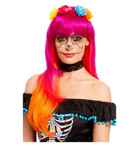 Deluxe Day of the Dead Wig, Pink & Orange