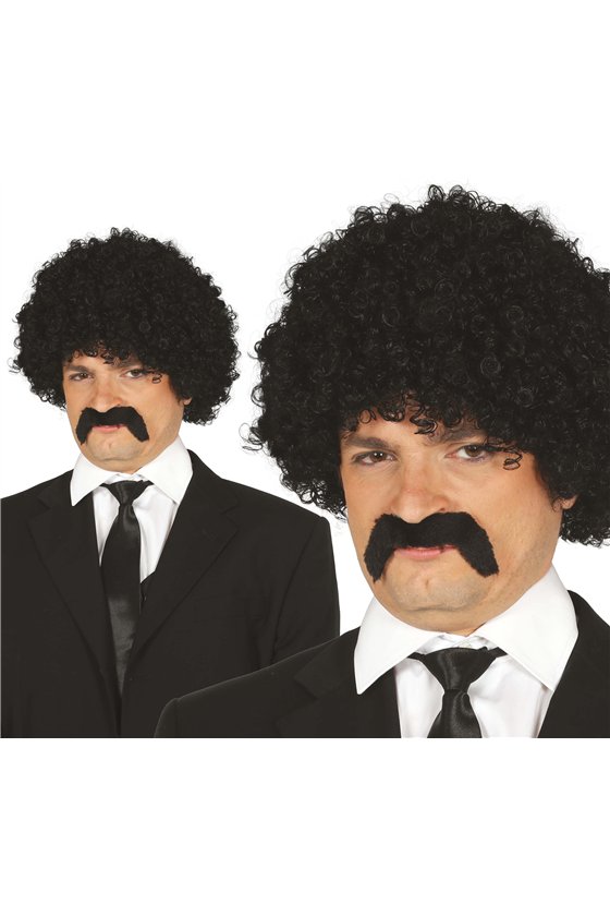 BLACK CURLY WIG WITH MOUSTACHE IN BOX