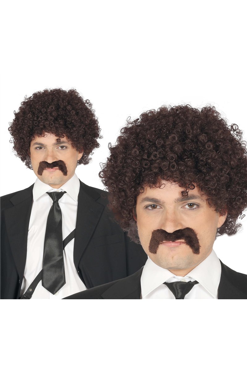 BROWN CURLY WIG WITH MOUSTACHE IN BOX