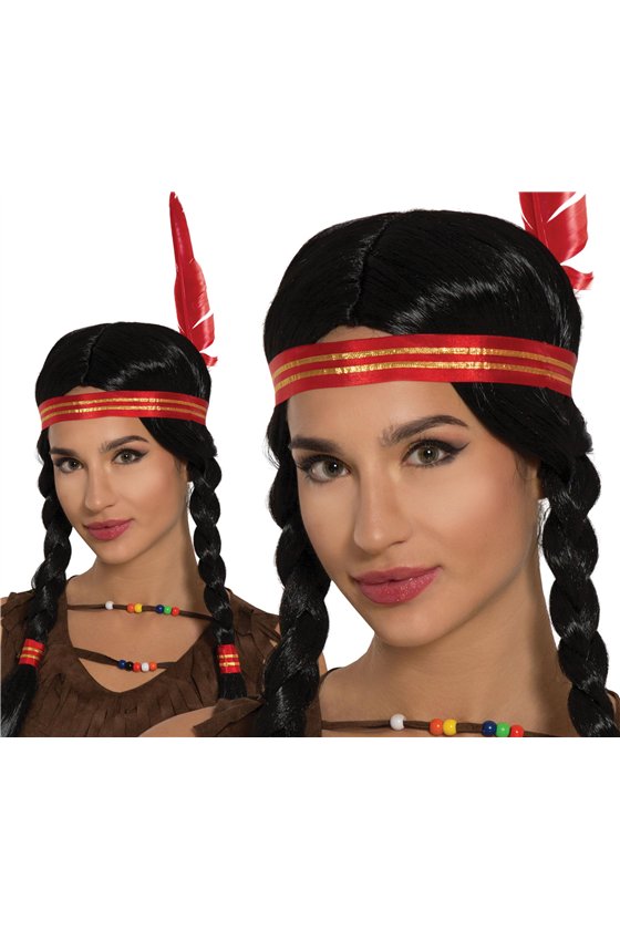 INDIAN WOMAN BRAIDED WIG WITH FEATHER (B