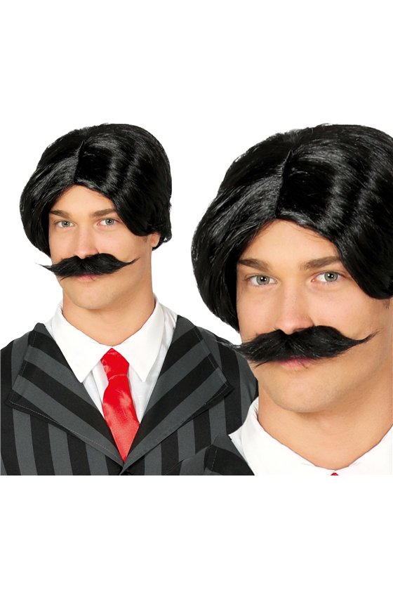BLACK WIG WITH MOUSTACHE IN BOX