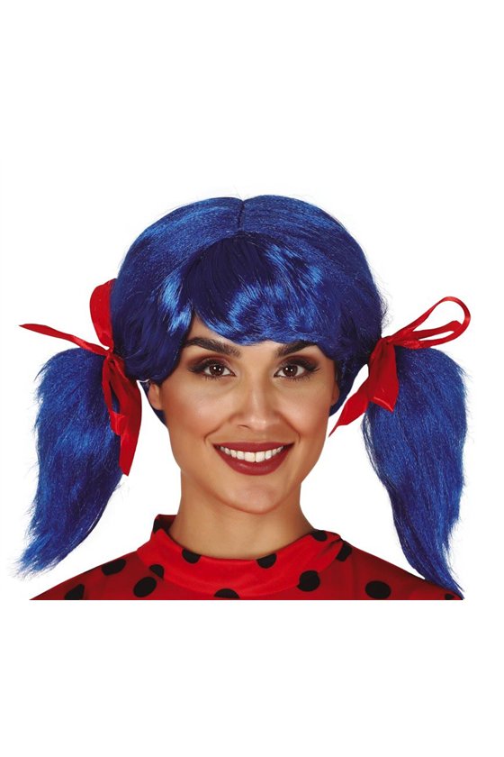 BLUE WIG WITH PONYTAIL AND RIBBON IN BOX