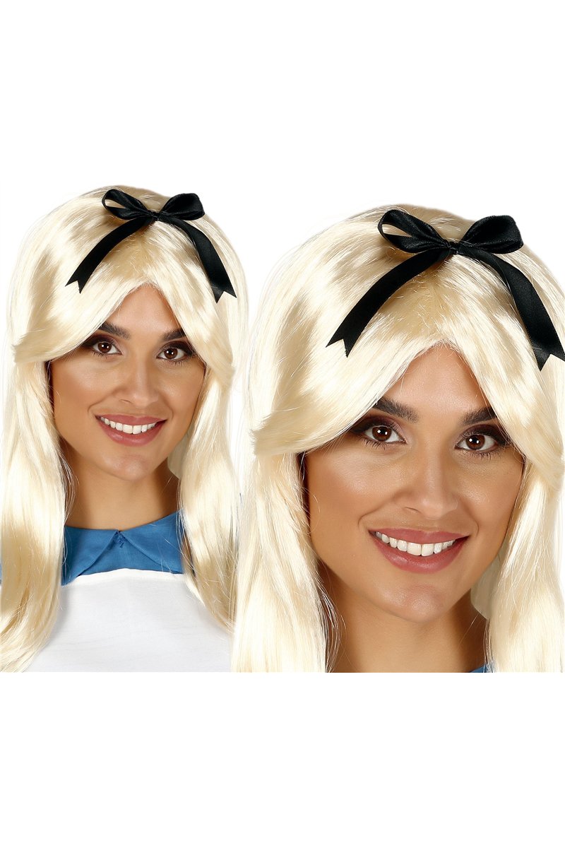BLONDE WIG WITH BLACK RIBBON IN BOX