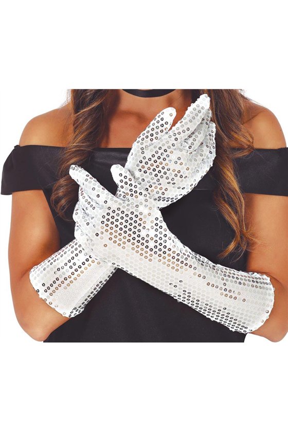 SEQUINED GLOVES, 39 CMS., SILVER, H.Q.