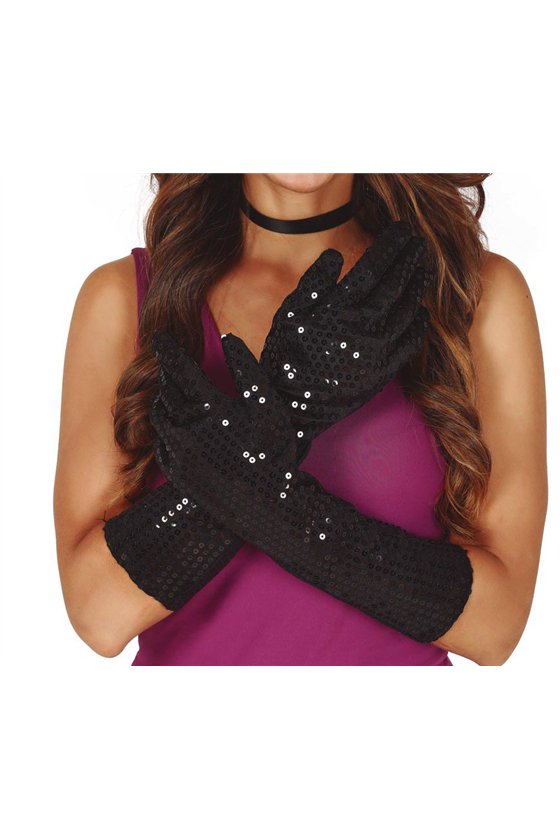 SEQUINED GLOVES, 39 CM, BLACK, H.Q.