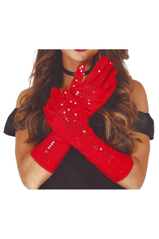 SEQUINED GLOVES, 39 CMS, RED, H.Q.