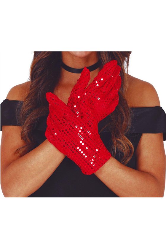 SEQUINED GLOVES, 22 CMS., RED, H.Q.