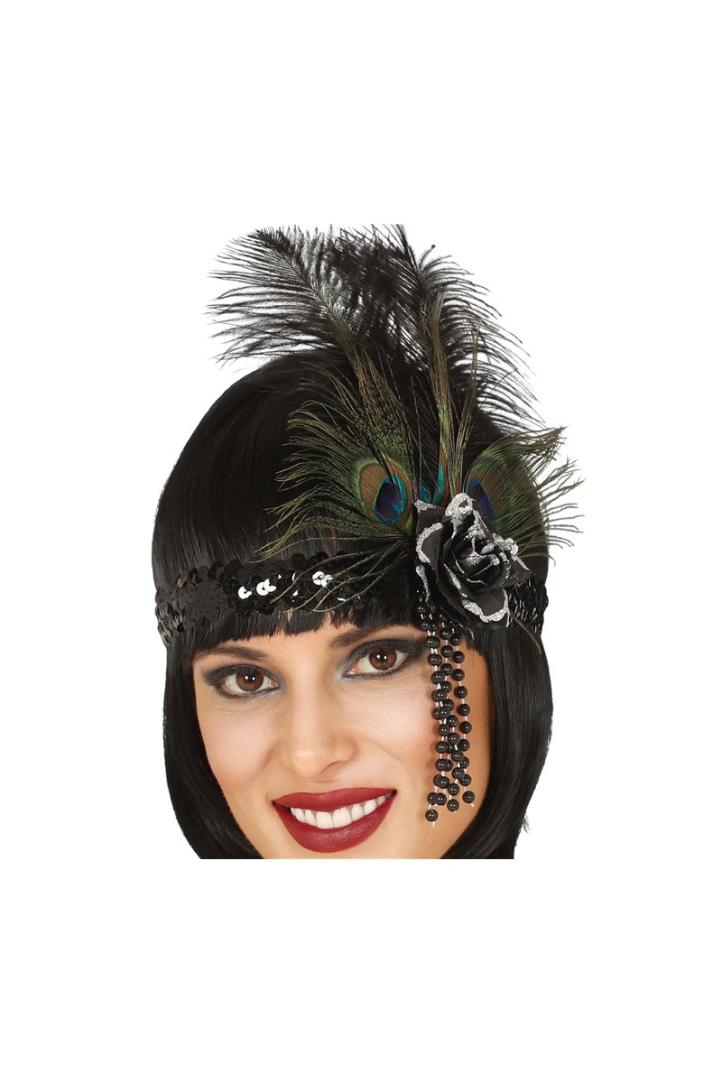 BLACK SEQUINS HEADBAND WITH FEATHERS