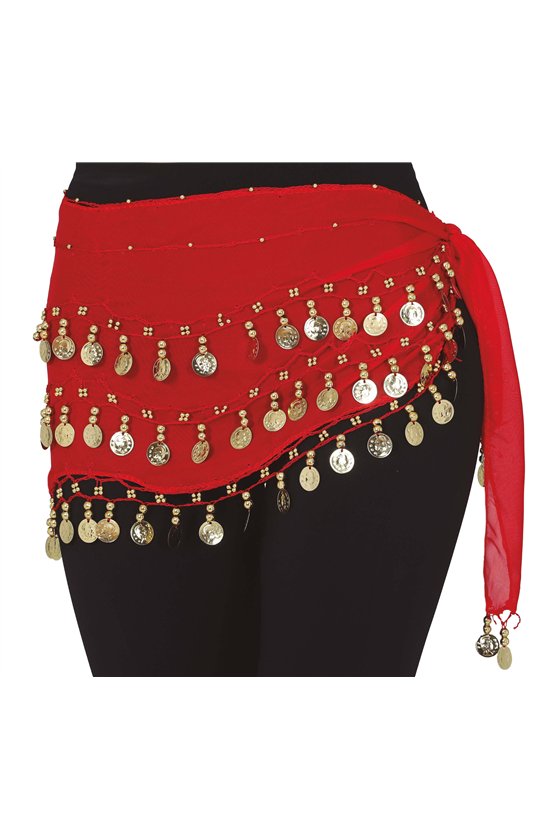 BELLY DANCE HIP SCARF WITH GOLD COINS, RED