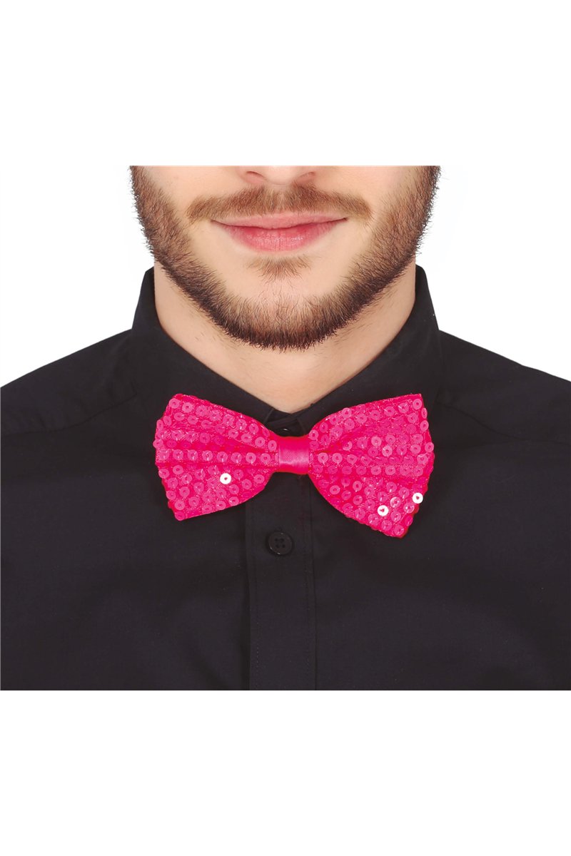 SEQUIN BOW TIE NEON PINK 13 CMS.