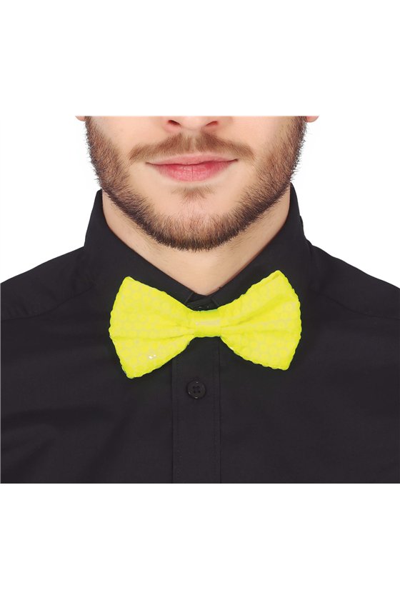 SEQUIN BOW TIE NEON YELLOW 13 CMS.