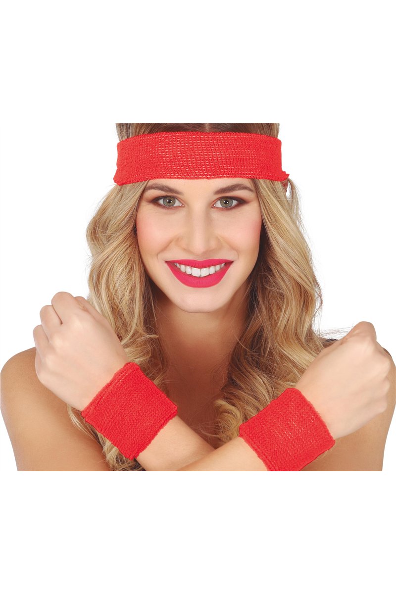 80S 2 SWEATBANDS AND HEADBAND RED
