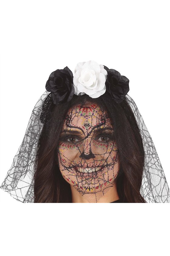 BLACK/WHITE FLOWERS TIARA WITH VEIL