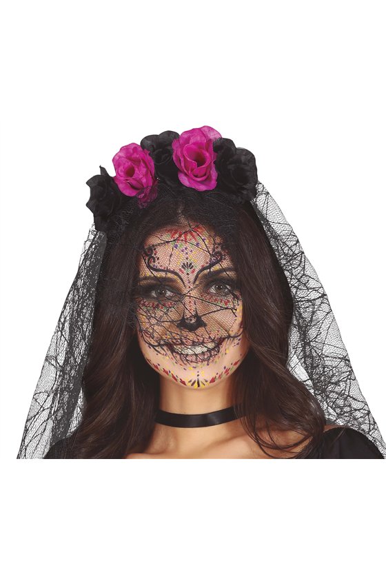 BLACK/LILAC FLOWERS TIARA WITH VEIL