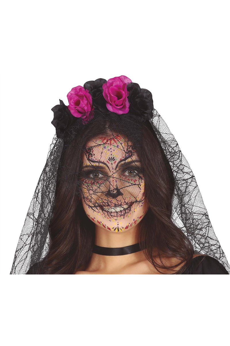 BLACK/LILAC FLOWERS TIARA WITH VEIL