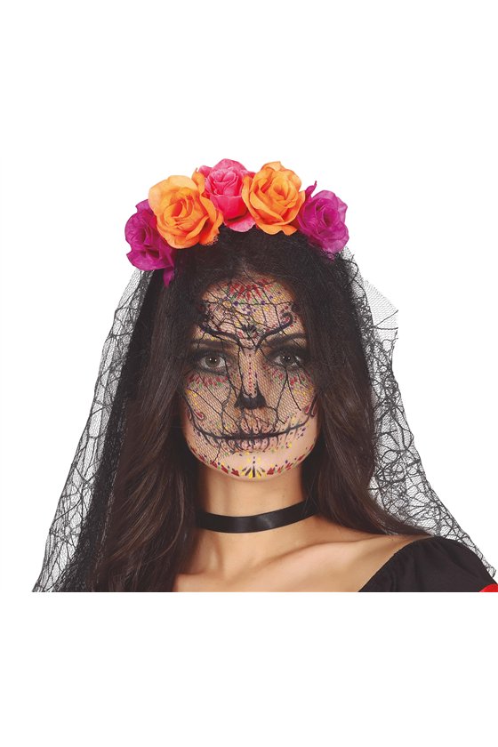 LILAC/ORANGE FLOWERS TIARA WITH VEIL
