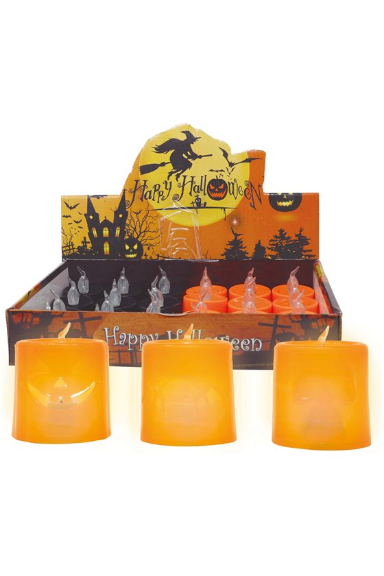 BOX 12 CANDLES ORANGE AND BLACK W/LIGHT,4.5X4.5CMS