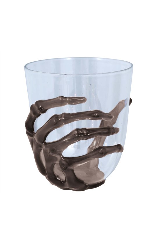 TRANSP. GLASS, BLACK SKELETON HAND, 9.5 CMS.