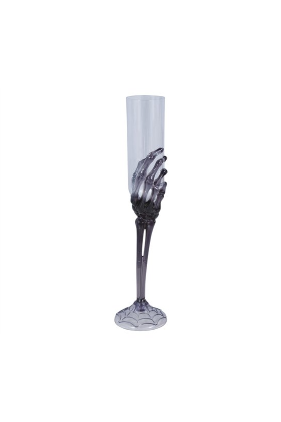 TRANSP. CHAMPAGNE GLASS, BLACK SKELETON HAND 25 CM