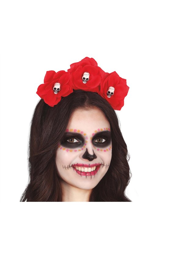 RED FLOWERS HEADBAND WITH SKULLS