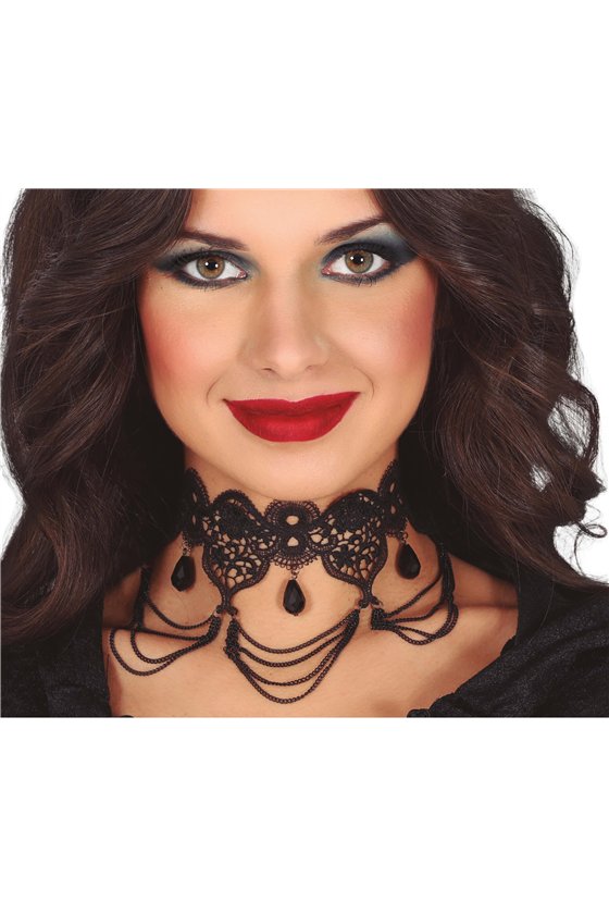 BLACK NECKLACE WITH STONES AND CHAINS