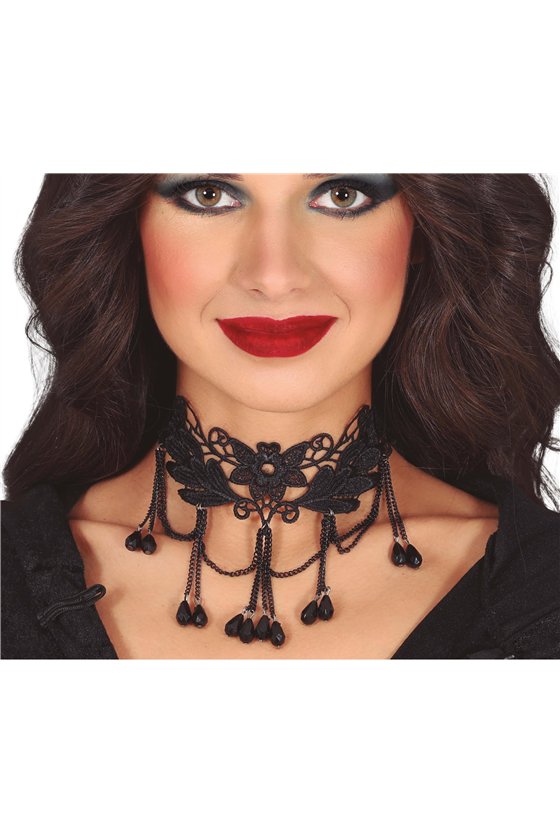 BLACK NECKLACE WITH FLOWERS AND STONES