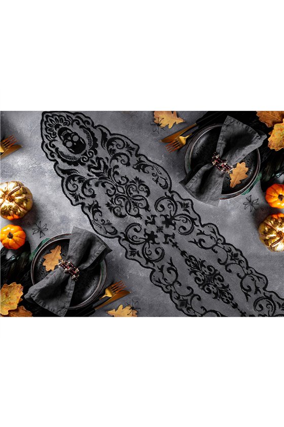 DECOR.BLACK LACE TABLE, SKULLS 180X35 CM