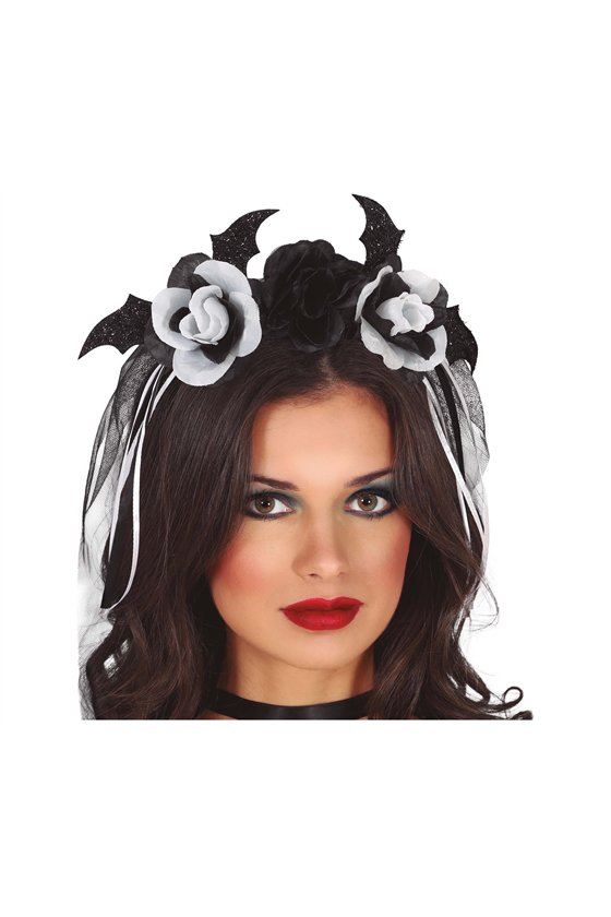 DIADEM WITH BLACK AND WHITE FLOWERS WITH VEIL