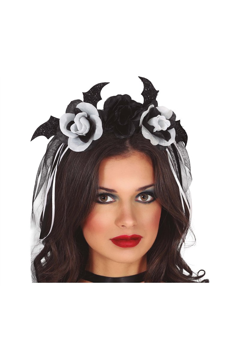 DIADEM WITH BLACK AND WHITE FLOWERS WITH VEIL