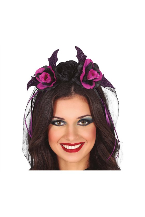 DIADEM WITH BLACK AND PURPLE FLOWERS WITH VEIL