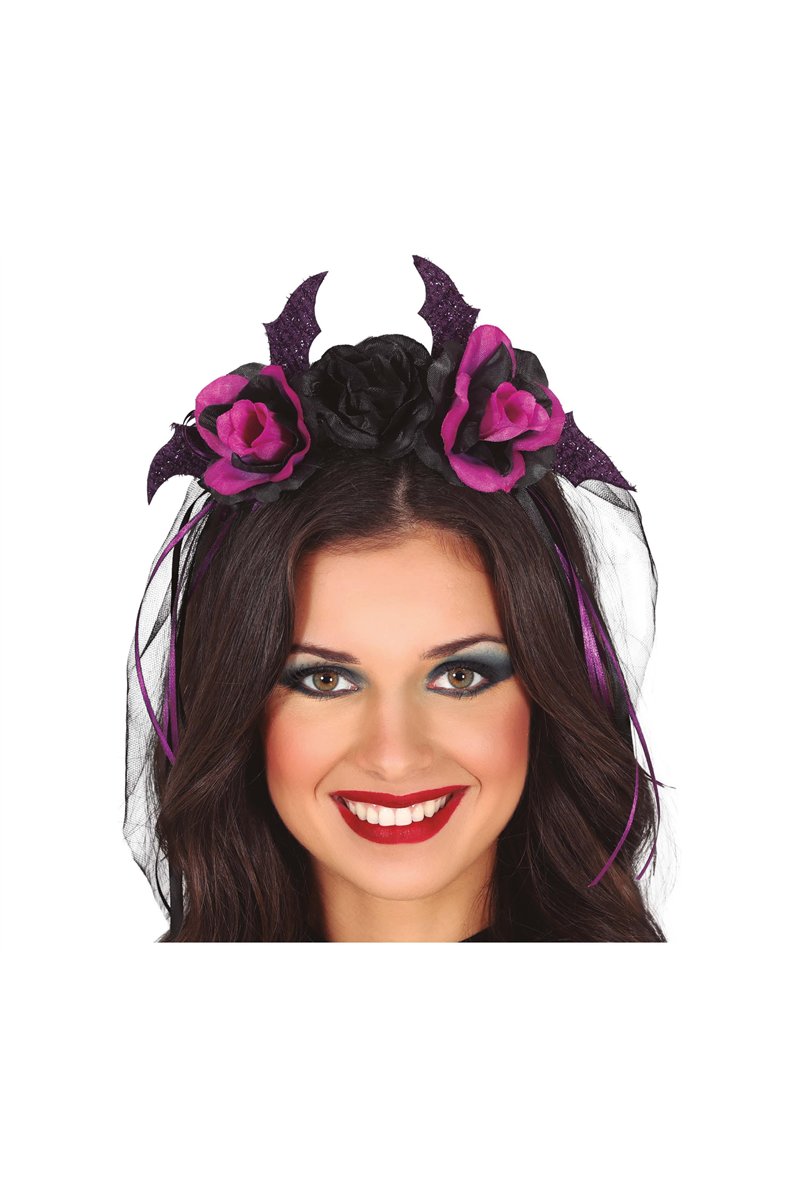 DIADEM WITH BLACK AND PURPLE FLOWERS WITH VEIL