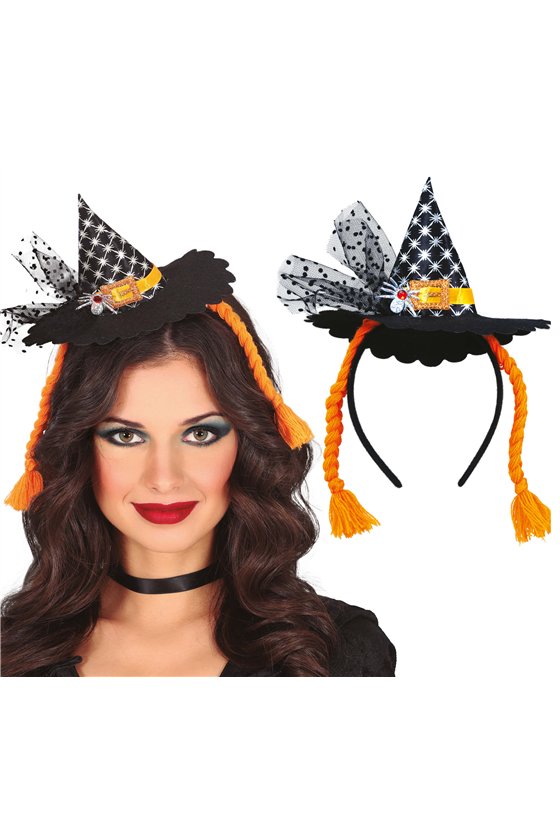 MINI HAT WITCH HEADBAND WITH ORANGE BRAIDS