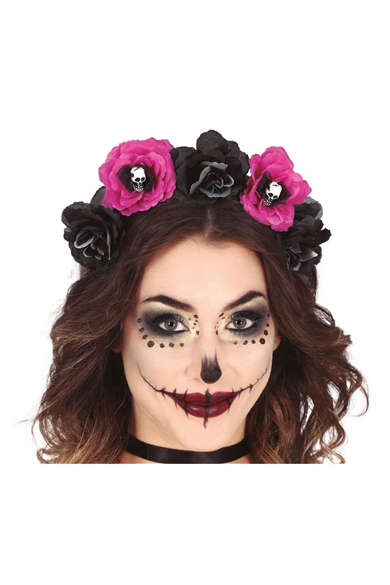 DAY OF THE DEAD HEADBAND WITH BLACK AND PINK FLOWE
