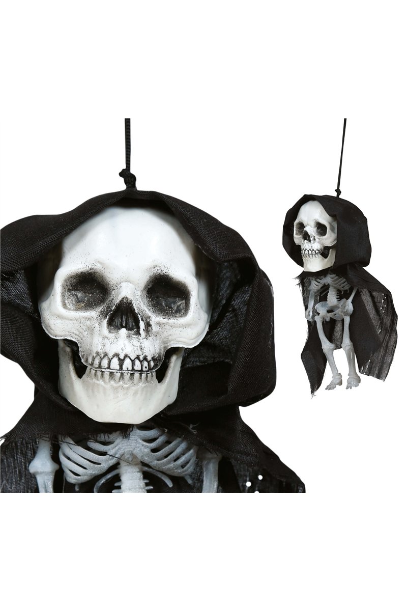 HANGING BIG HEAD SKELETON WITH HOOD 15 CM