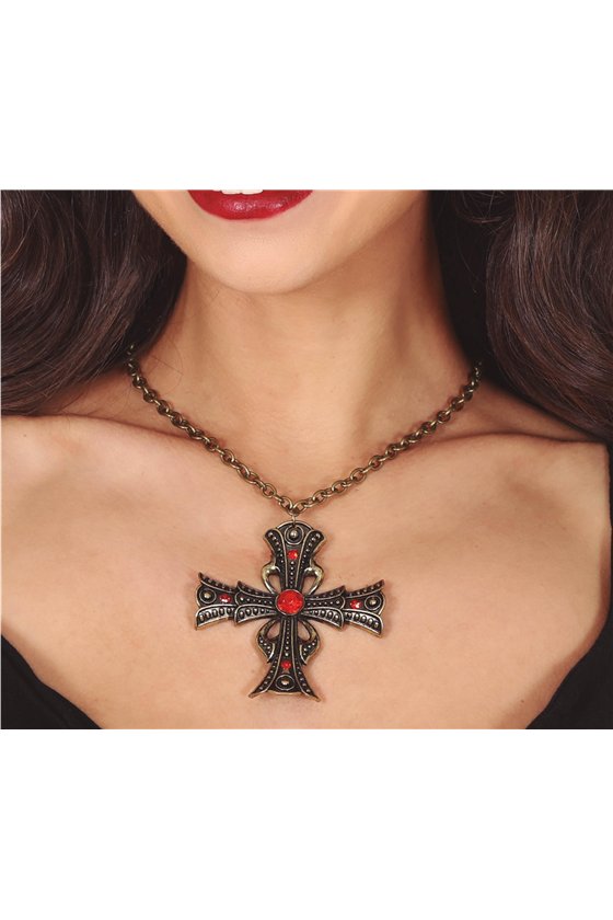 GOTHIC CROSS NECKLACE WITH RUBY 6 CM
