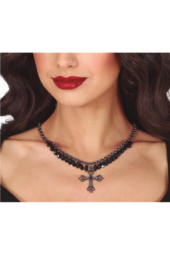 CROSS NECKLACE WITH BLACK STONES
