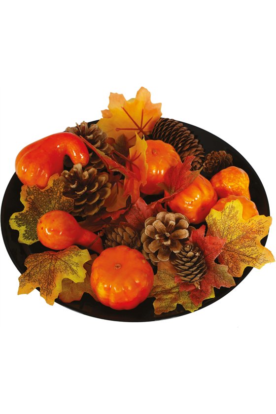 SET PUMPKIN LEAVES AND PINECONES IN PVC BOX