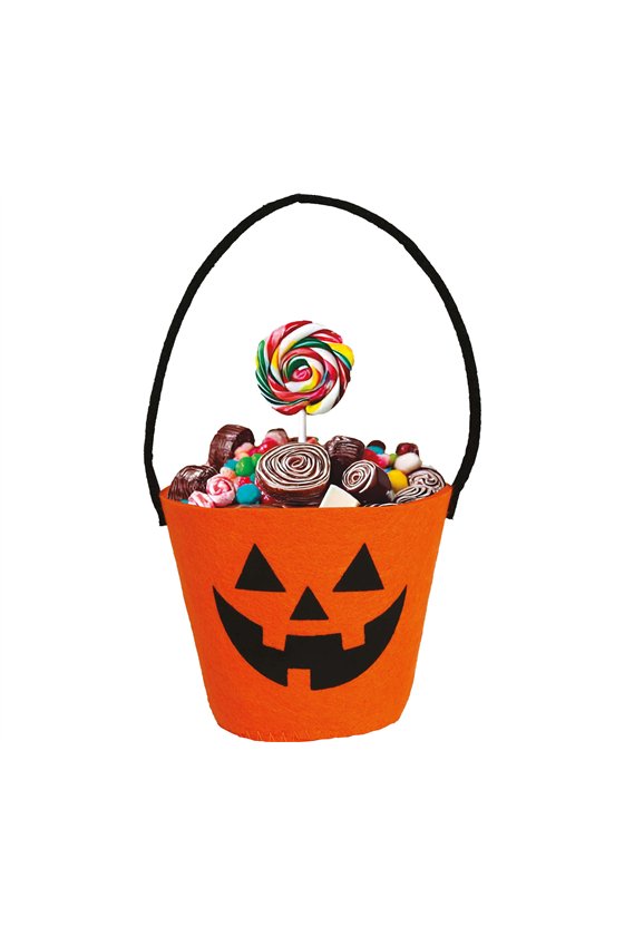 ORANGE FELT PUMPKIN CANDY BUCKET 13X10 CM