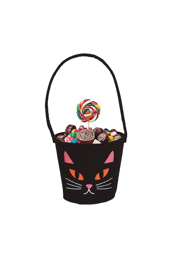 BLACK FELT CANDY BUCKET CAT 13X10 CM