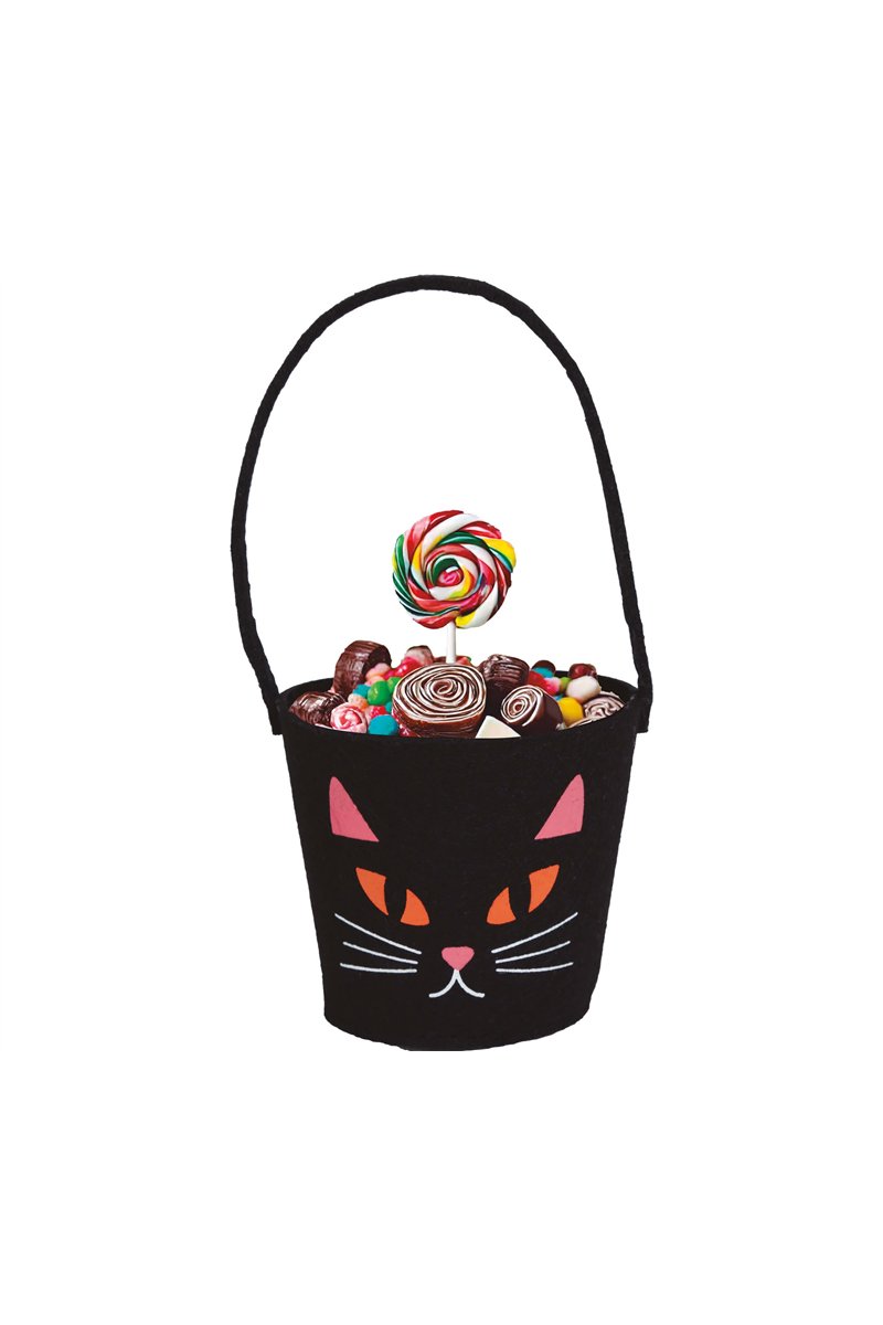 BLACK FELT CANDY BUCKET CAT 13X10 CM