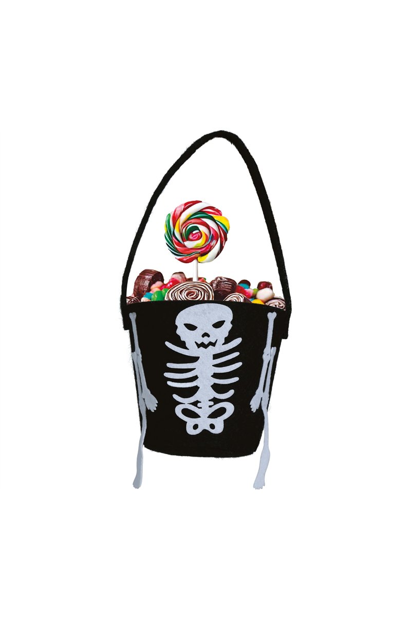 BLACK FELT SKELETON CANDY BUCKET 12X8 CM