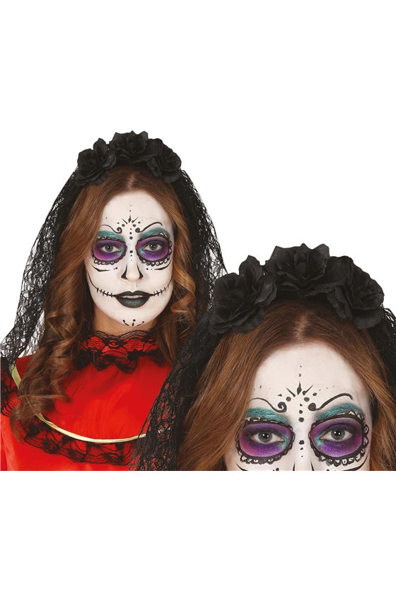 BLACK FLOWERS WITH VEIL TIARA