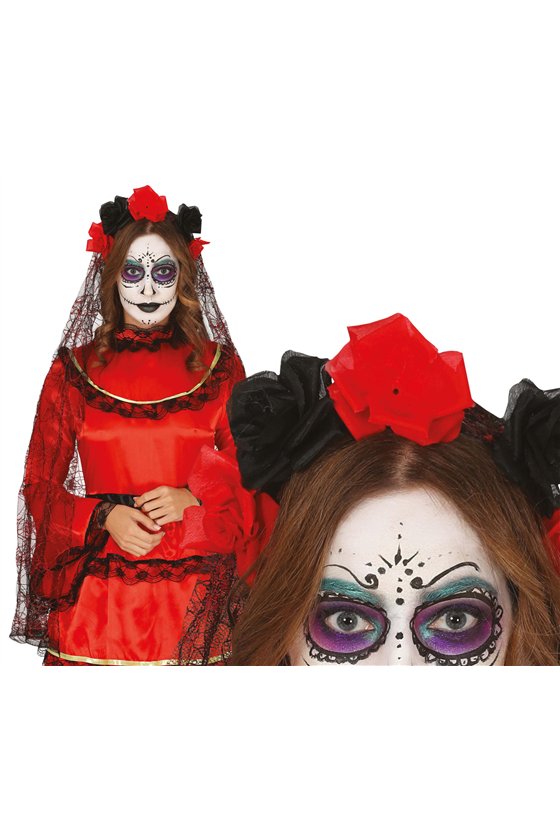 BLACK AND RED FLOWERS WITH VEIL TIARA