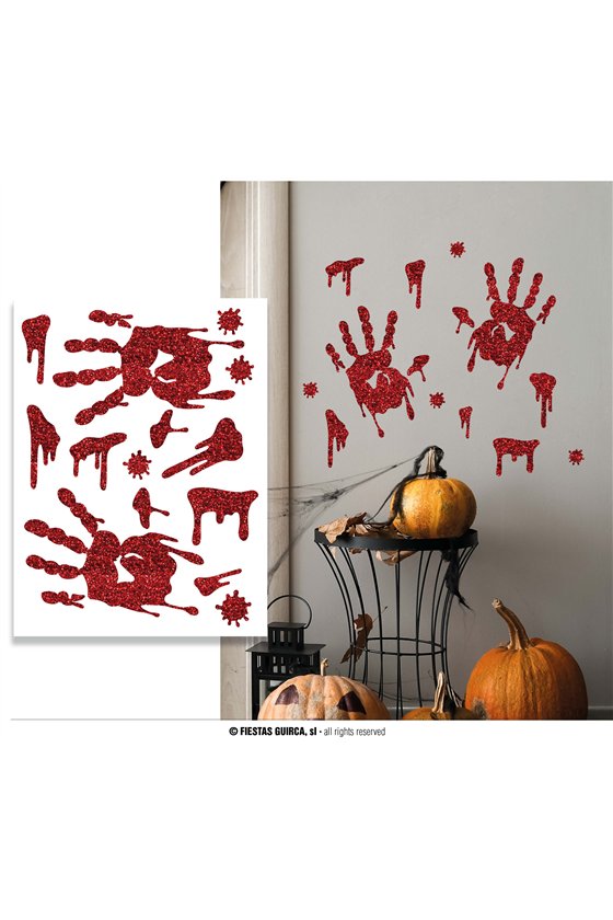 BLOODY HANDPRINTS STICKER, GLITTER EFFECT, 30X40CM