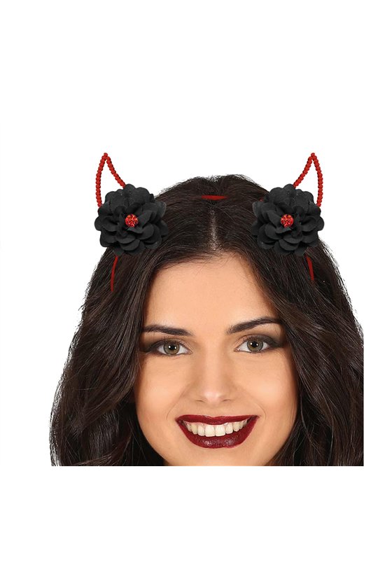 METALLIC DEVIL HORNS HEADBAND WITH FLOWERS